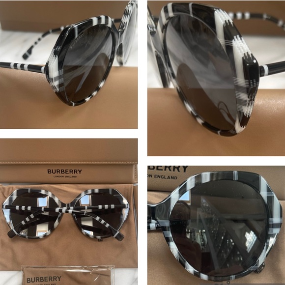 BURBERRY OVERSIZED BLACK AND WHITE CHECK PATTERN SUNGLASSES - Picture 15 of 16